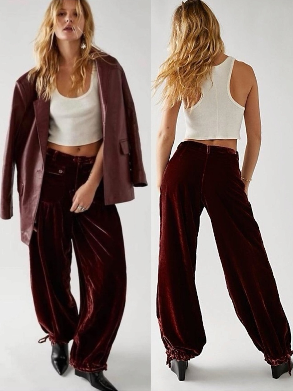Free People 70s Lotus Crushed Velvet Pants Garnet 27 Bohemian Barrel Wide Leg